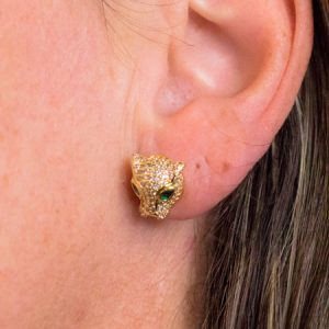 Conjunto de Brinco e Colar Cordão Baiano com Pingente de Tigre Cravejado de Zircônias