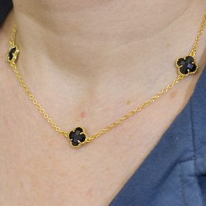 Colar Van Cleef Quatro Folhas Preto em Elo Português
